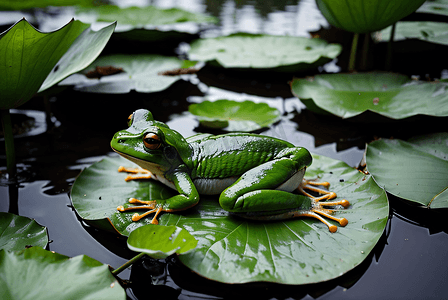 绿色荷叶上的青蛙摄影图片