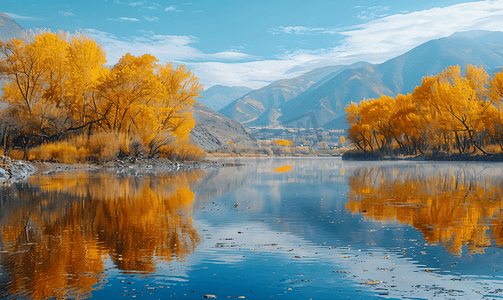 湖雪山摄影照片_新疆喀纳斯月亮湾秋色
