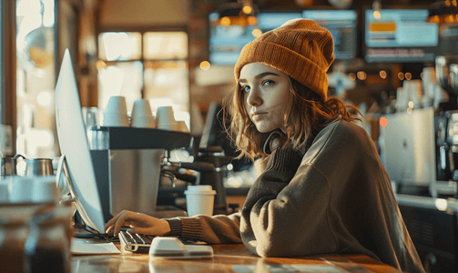 咖啡店青春女孩看电脑