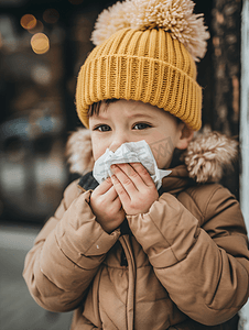 儿童幼儿矢量人物摄影照片_吹他的鼻子的病的小男孩在手帕呼吸