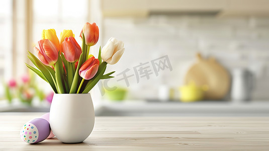 白色厨房桌面上花瓶花朵的摄影4