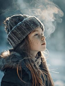 风吹gif摄影照片_小女孩在寒冷的空气中看着她的呼吸