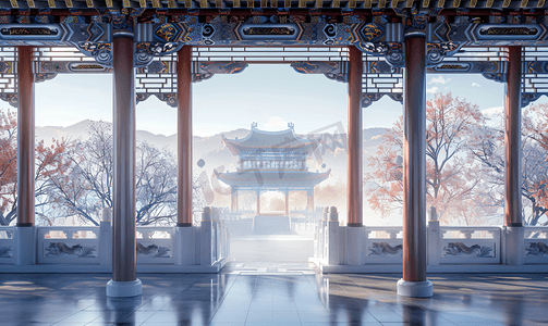 中国风背景摄影照片_简约中国古建筑拱门背景