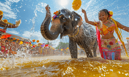 传统节日小报摄影照片_泼水节大象庆祝传统节日庆典傣族姑娘