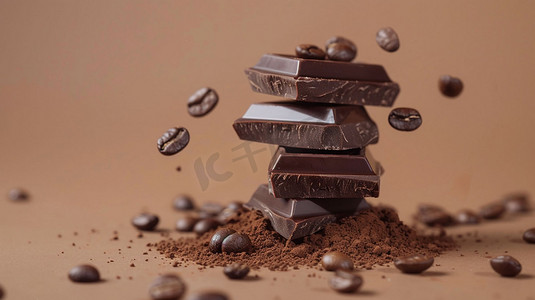 写实巧克力摄影照片_美味巧克力可可豆立体描绘摄影照片