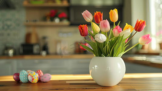 白色厨房桌面上花瓶花朵的摄影5
