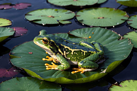 荷塘上的青蛙摄影照片_绿色荷叶上的青蛙摄影配图1