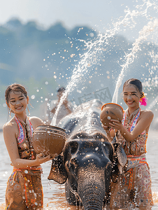 民族节日摄影照片_泼水节大象庆祝传统节日庆典泰国姑娘
