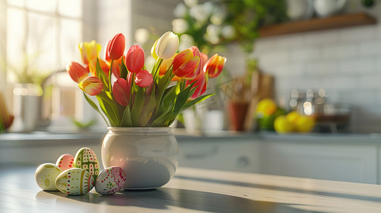 白色厨房桌面上花瓶花朵的摄影8