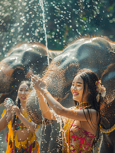 傣族文化摄影照片_泼水节大象庆祝传统节日庆典傣族姑娘