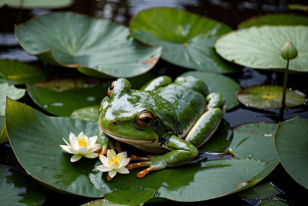 绿色荷叶上的青蛙摄影照片