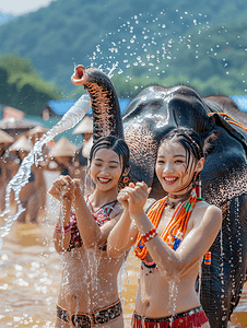大象图腾摄影照片_泼水节大象庆祝传统节日庆典傣族姑娘