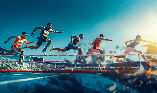 太阳户外摄影照片_亚洲人田径运动员在跨栏比赛