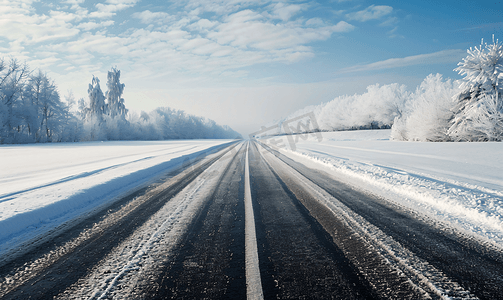 冬天雪地摄影照片_雪地里笔直的公路