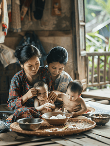 母子吃饭摄影照片_亚洲人妈妈喂宝宝吃饭