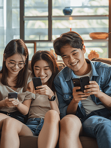 手机常用应用图标摄影照片_亚洲人青年朋友坐在沙发上玩手机人物