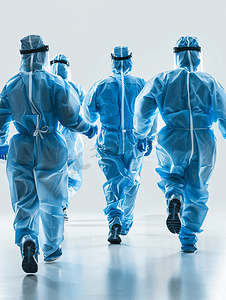 创意人物背景摄影照片_亚洲人穿着防护服奔跑的医疗团队背影