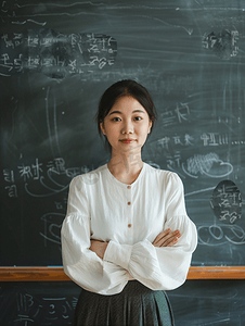 亚洲人老师站在教室的黑板前