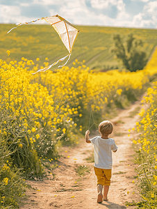 一个小男孩在油菜地的小路上放风筝