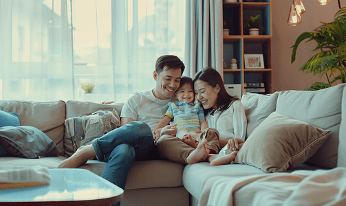 亚洲家庭亲子摄影照片_亚洲人幸福的一家三口在客厅里
