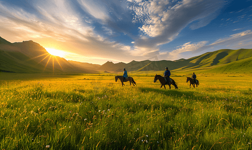绿地摄影照片_策马崩腾的夏季新疆大草原