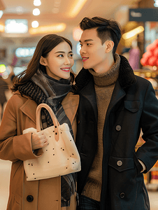 电商促销活动页摄影照片_亚洲人青年情侣在商场里购物