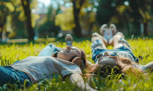 草地音乐摄影照片_青春学生躺草地上听音乐