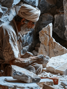 石匠匠人在雕刻石料