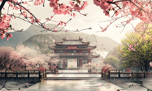 国风绿色背景摄影照片_春天南京清凉山崇正书院的植物绣球花与古代建筑
