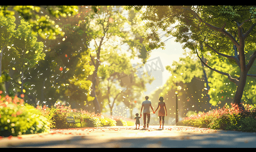 亲子生活摄影照片_一家人公园散步