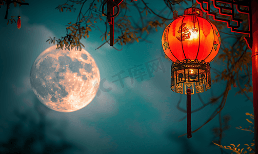 月亮中国风摄影照片_月圆下的孔明灯
