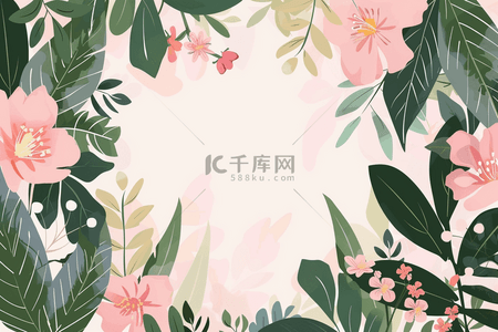 春天绿色植物花朵浅色插画背景