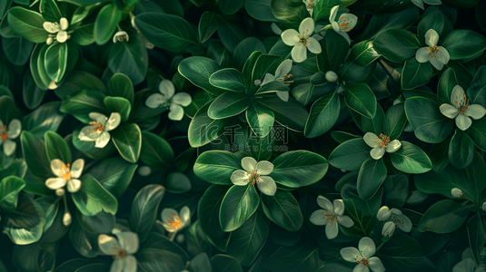 奇异景色背景图片_绿色简约平铺树叶白色花朵的背景