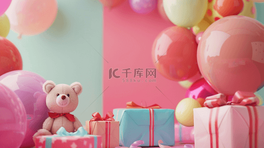 小熊卡通背景图片_粉色空间场景礼物气球卡通玩具的背景