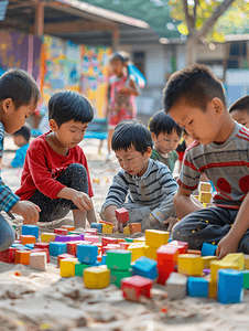 户外团队摄影照片_亚洲人乡村教师和小学生在学校里做游戏