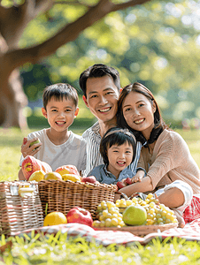 亚洲人快乐的一家人在郊外野炊