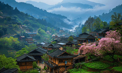 绿色山峰摄影照片_苗寨风光大气