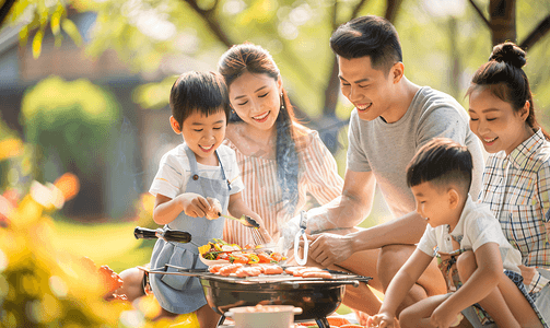 亚洲人欢乐的一家人在郊外野餐烧烤