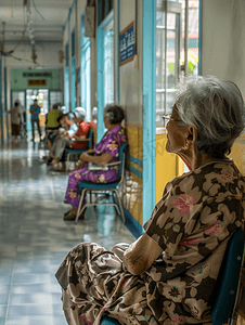 彩色被子摄影照片_亚洲人生病的老人在病房
