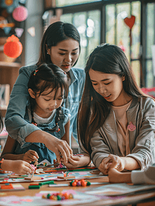 亚洲人幼儿园的师生在做手工