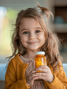一个小女孩手握药瓶