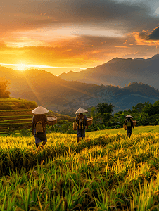 农民收获摄影照片_亚洲人夕阳下农田里的农民