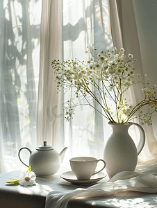 氛围装饰摄影照片_花瓶与茶具氛围