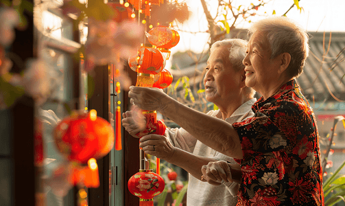 福福字摄影照片_亚洲人中国老年夫妇贴窗花