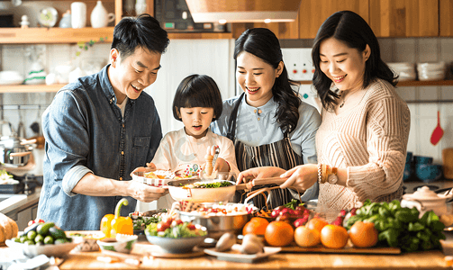 新年祝贺摄影照片_亚洲人快乐家庭准备年夜饭