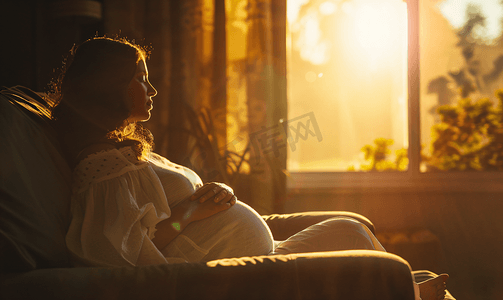 胎儿发育图摄影照片_居家晒太阳休息的孕妈特写