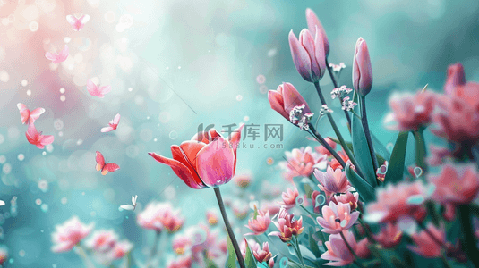 春天唯美风景背景图片_彩色手绘唯美清新花朵树枝的背景