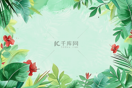 红色边框边框背景图片_春天植物绿色花朵背景插画手绘