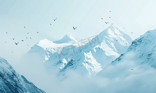飞鸟摄影照片_雪山和鸟简约背景