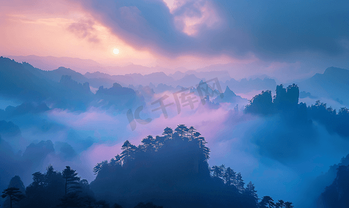 国风水墨山水背景摄影照片_武夷山云雾日出